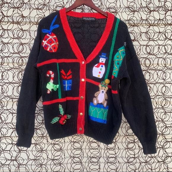 Vintage knit ugly Christmas cardigan sweater sampler applique bell present tree - Picture 1 of 7